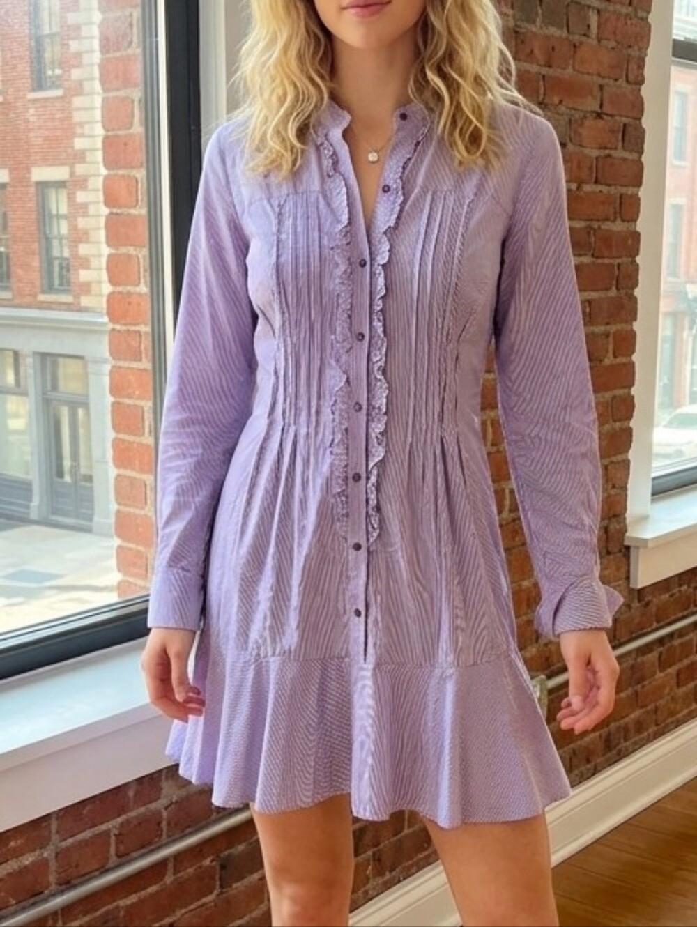 NEVER WORN ECI Pinstriped Button-Front Ruffle Hem Dress + Pockets Size Sz 14 - Picture 10 of 12